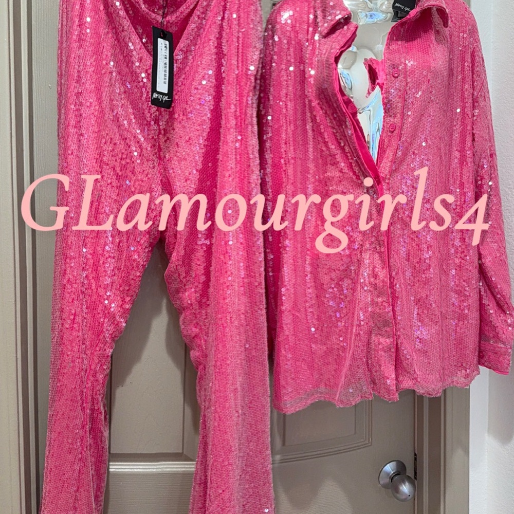 Pink Shimmery sequins jacket flared slacks. Very sparkly . NWT size 14